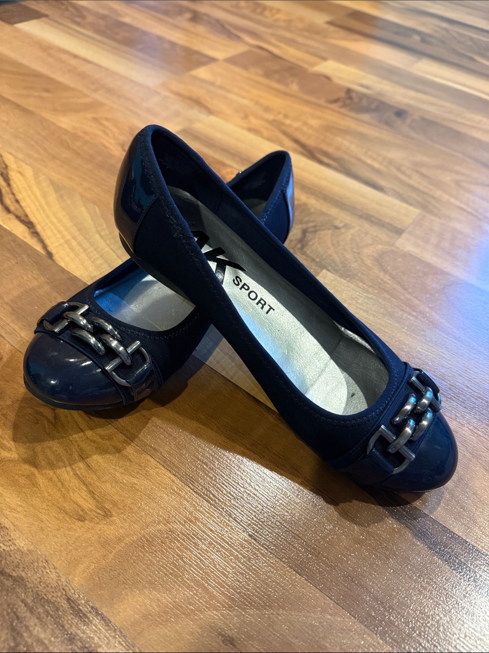 Anne Klein Sport Navy Chain-Trim Ballet Flats